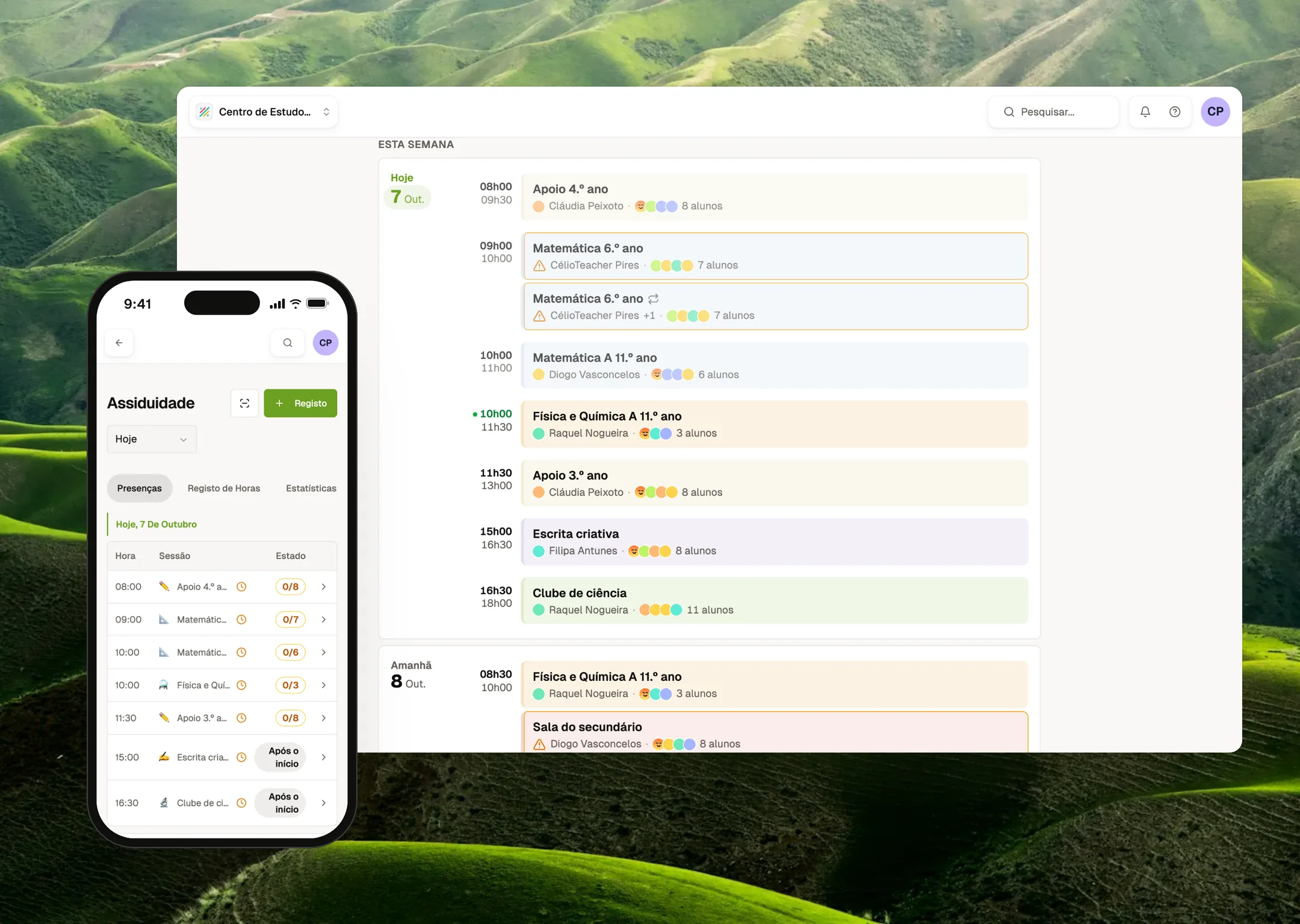 Ensinova weekly agenda on desktop and daily attendance on mobile