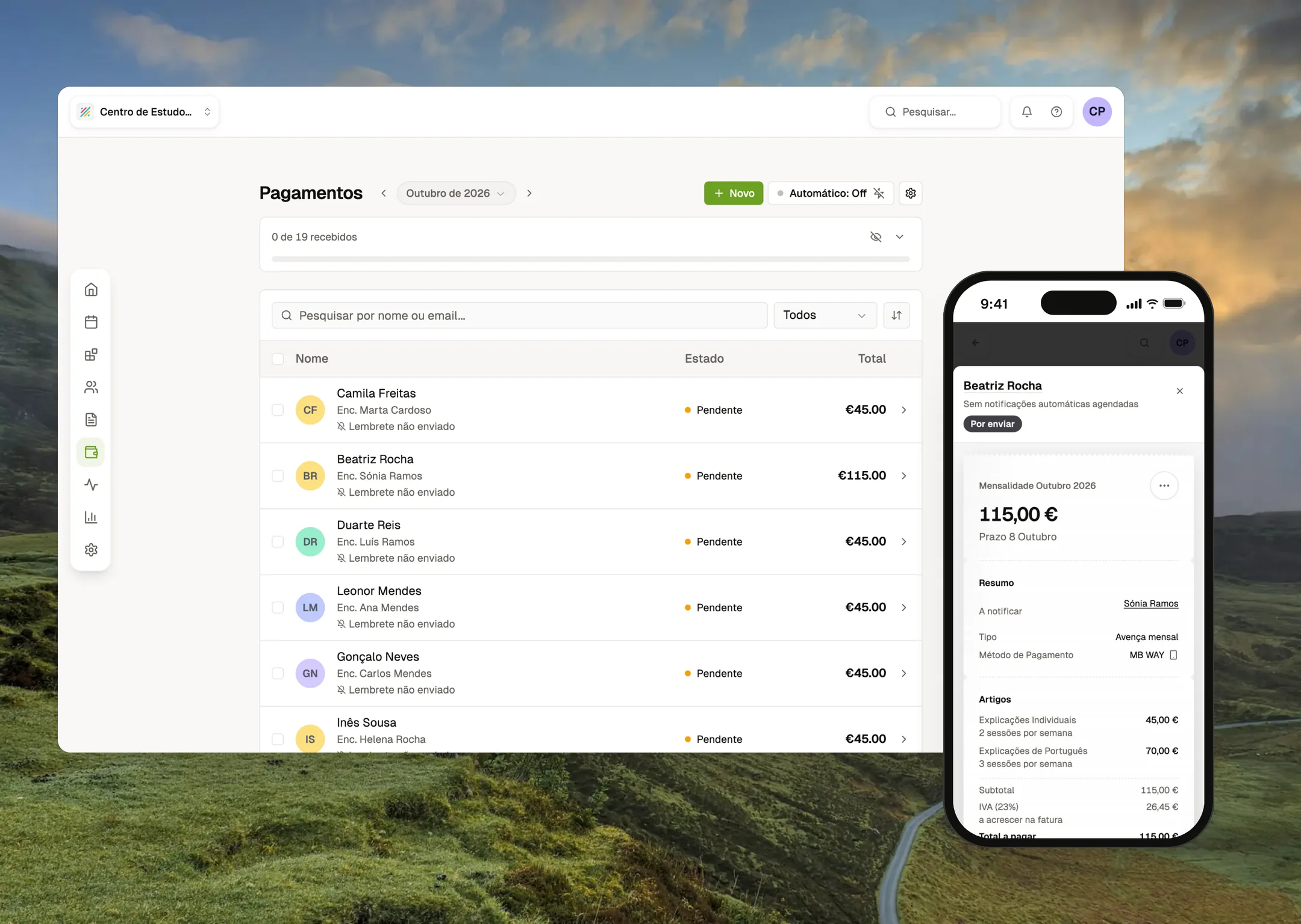 Ensinova payments list on desktop and a payment detail on mobile