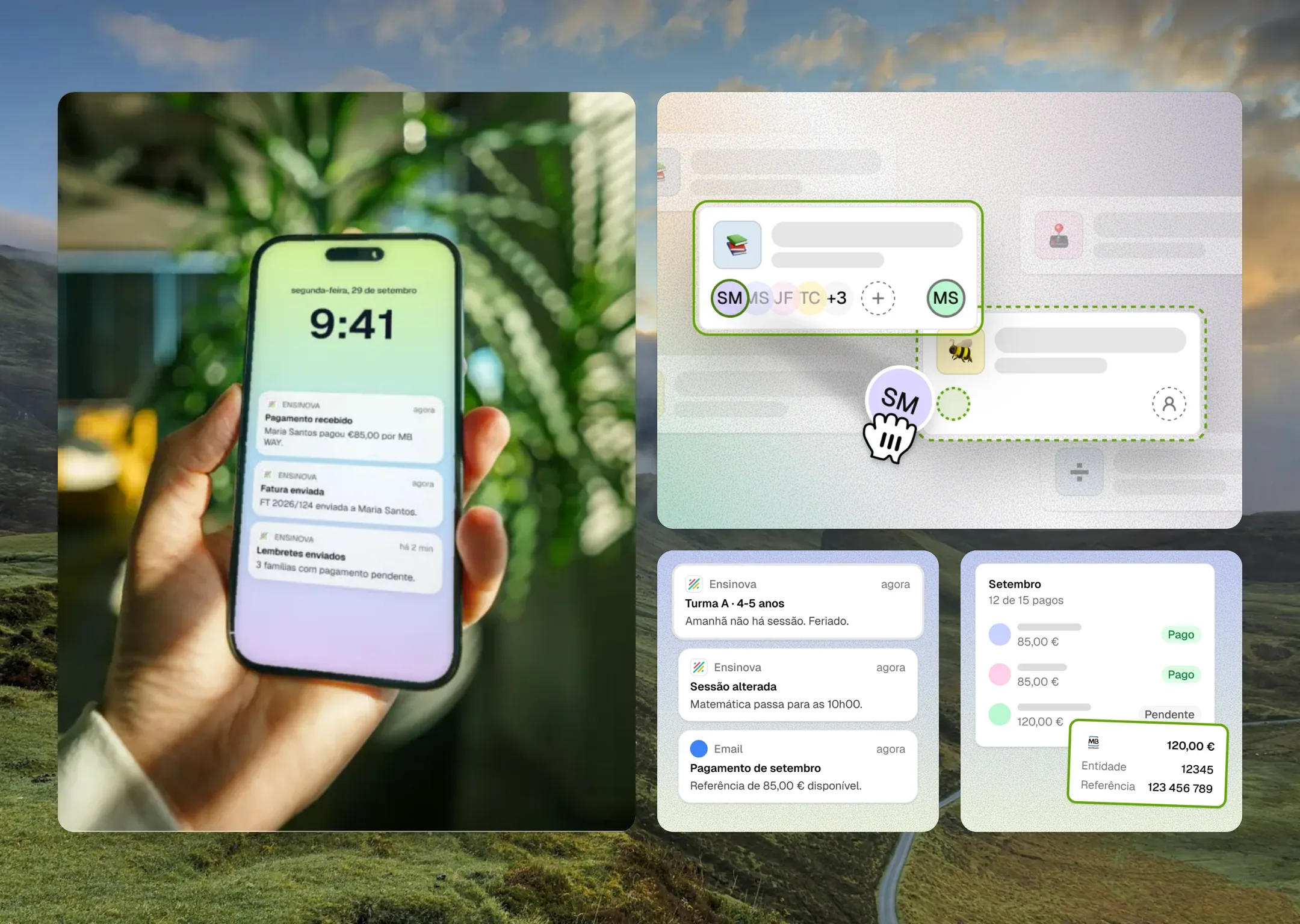 Ensinova brand visuals: notifications, groups and payment cards
