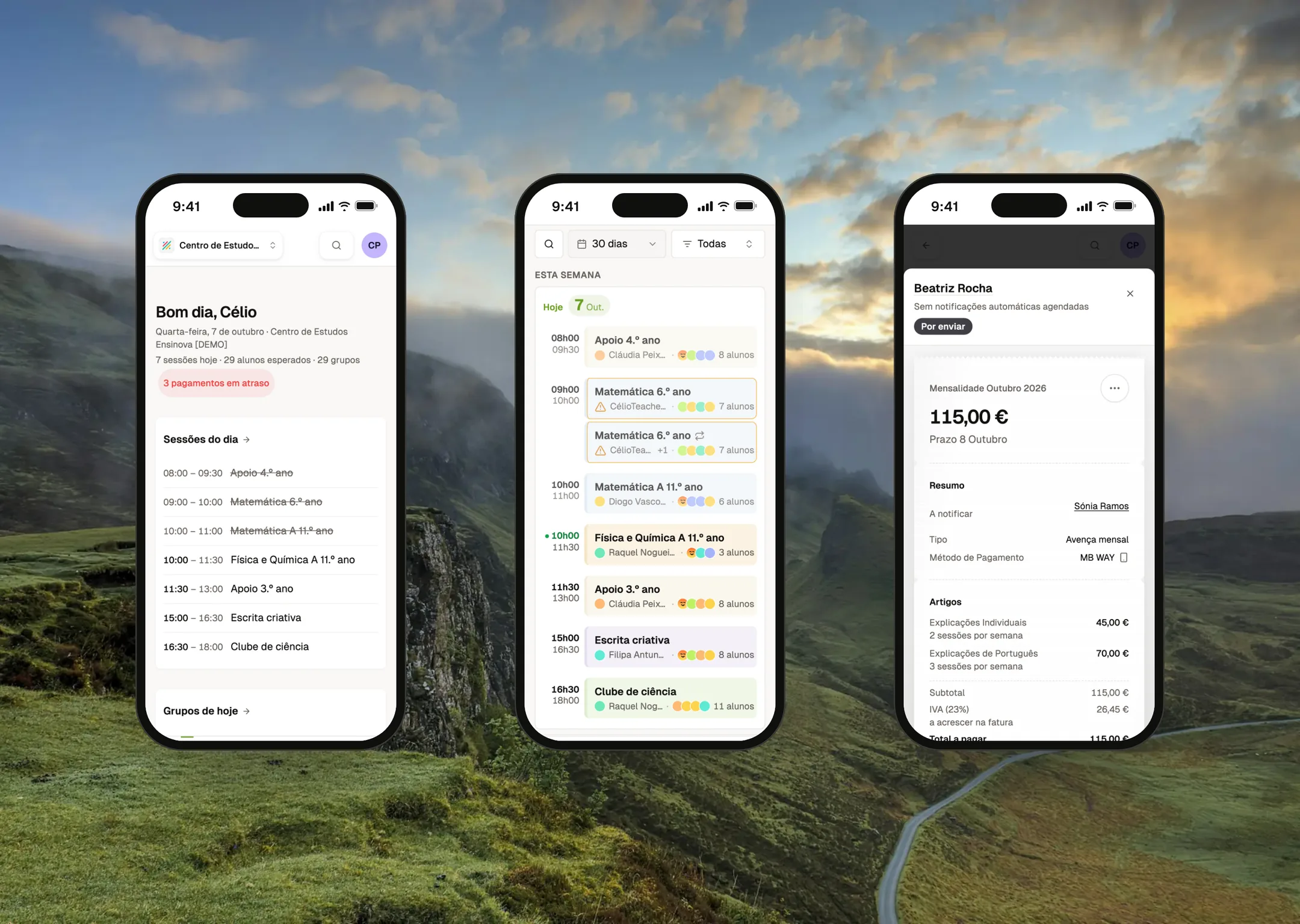 Ensinova on mobile: owner home, teacher agenda and payment detail